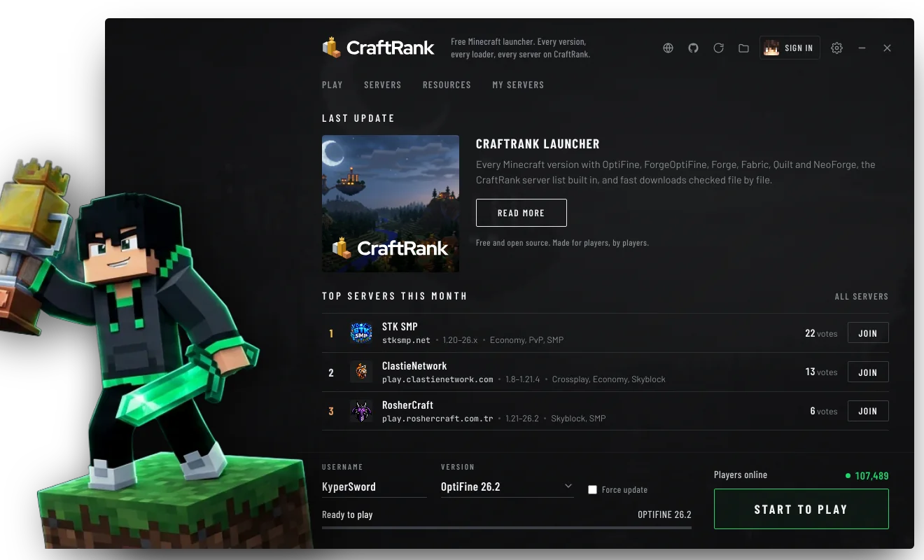 Der Startbildschirm des CraftRank Launchers